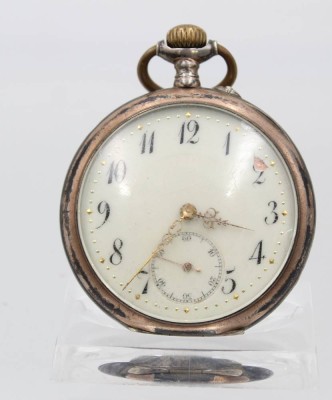 Auktion 359<br>Herrentaschenuhr, 800er Silbergehäuse, Kronenaufzug, Werk läuft, Innen Namensgravur, D-4,8cm [1]