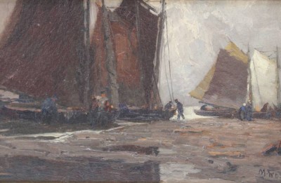 Auktion 359<br>Martin FROST (1875-1928) , Fischerboote am Strand, Öl/ wohl Holz, gerahmt., RG 21,5 x 29,3cm [1]