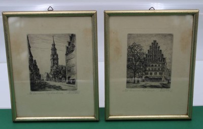 Auktion 359<br>2x div. Ansichten-Radierungen, Hannover,  unleserl. signiert, je ger./Glas, 23,5 x 18,5cm [1]