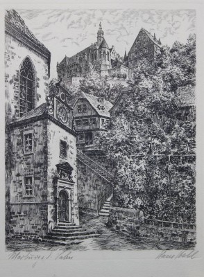 Auktion 359<br>Ansichtenradierung, Marburg, sign. Hans Hell, ger./Glas, RG 30,2 x 25cm [1]