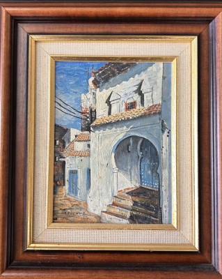 Auktion 359<br>unleserl. sign. nordafrikan. Hausansicht, Öl/Leinen, gerahmt RG 33x29 cm [1]