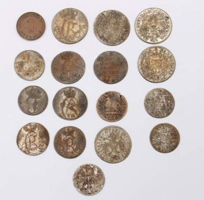 Auktion 359<br>16x antike Münzen, ab 1711 bis 1803, zus. ca. 24gr., anbei Glückspfennig von 1950, D-2,1cm [1]