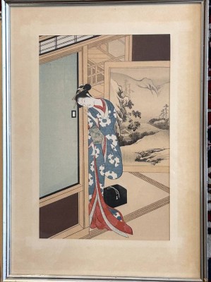 Auktion 359<br>japan. Aquarell, Frau an Wand, ger/Glas, RG   41x30 cm [1]