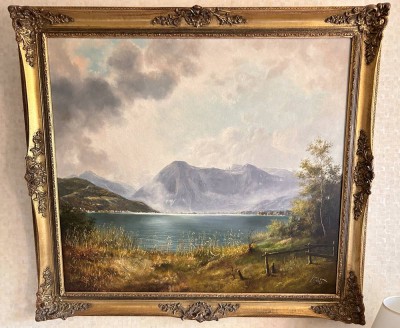 Auktion 359<br>Wolfgang Grau (!908-1970). grosses Gemälde, Ansicht Tegernsee, Öl/Leinen,  gut gerahmt , RG 110x118 cm, (Sperrgut) [1]