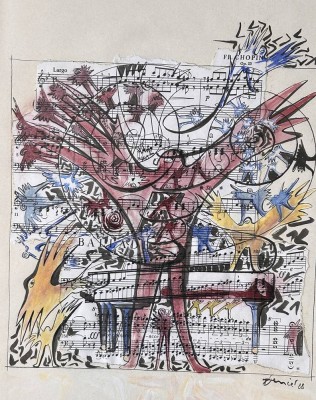 Auktion 359<br>unleserlich signiertes Aquarell mit Noten, 1988, ger/Glas, RG 40x51 cm [1]