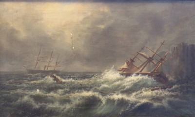 Auktion 359<br>anonym, Boote in schwerer See, 19. Jhd., Öl/Leinwand, gerahmt, RG 47 x 75cm, restaurierungsbedürftig [1]