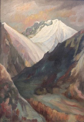 Auktion 359<br>Heinz DODENHOFF (1889-1981), Gebirgslandschaft, verso unfertiges Werk, Öl/Hartfaser, gerahmt, RG 82 x 62cm, Sperrgut! [1]