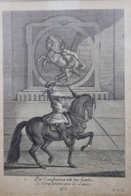 Auktion 359<br>Das Compliment mit der Lanze / Le Compliment avec la Lance. Kupferstich v. Johann Elias Ridinger , gerahmt/Glas, RG 31,5 x 25cm [1]