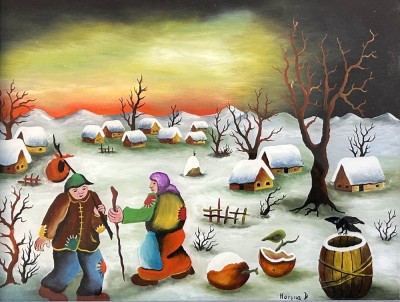 Auktion 359<br>Horyna D. naives Hinterglas-Bild, verschneite Dorflandschaft, gerahmt, RG ca. 40x48 cm [1]