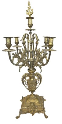 Auktion 359<br>hoher, 5 flammiger Leuchter, Bronze-Stand mit Zinlguss Armen,  Spitze abnehmbarer Kerzenlöscher, H-66 cm, B-25 cm [1]