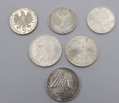 Auktion 359<br>6x D-Mark Münzen, 3x 10 DM und 3x 5 DM, 70/90er Jahre [1]