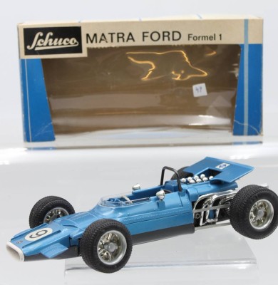 Auktion 359<br>Schuco Matra Ford Formel 1, Nr. 1074, Uhrwerk intakt, 1:16, ca. 22 cm, Schlüssel fehlt, anbei orig. Karton dieser mit Läsuren [1]