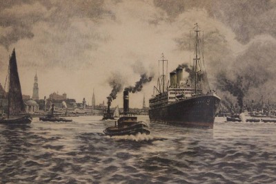 Auktion 359<br>Albrecht BRUCK (1874-1964), Ansicht vom Hamburger Hafen mit Landungsbrücken, Radierung, gerahmt/Glas, RG 31,5 x 39,5cm [1]