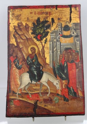 Auktion 359<br>Ikone, Einzug in Jerusalem, wohl Griechenland, auf Holz, 33 x 22cm [1]
