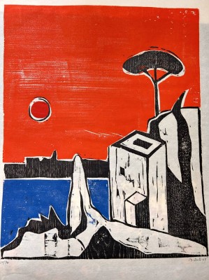 Auktion 359<br>Jean BÜNTER (1923-1986)  gr. Farbholzschnitt, Landschaft, Nr. 21/70, BG  66x50 cm, Blatt leichte Läsuren [1]