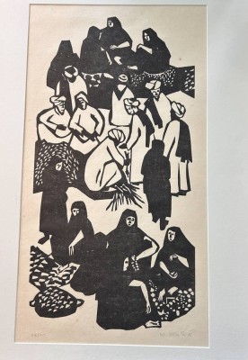 Auktion 359<br>Nilla Six (1932-2006): Orientalische Dorfgemeinschaft. Grossformatiger Holzschnitt um 1960.  Nr. 28/70, BG 74 x 44,5 cm,  in PP, mit Hartfaser-Rückwand [1]