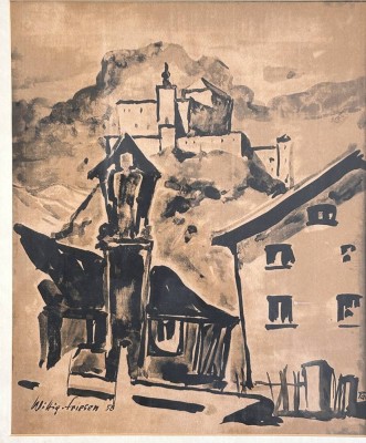 Auktion 359<br>Hans Wittig Friesen, 1958, Burgansicht, Tuschezeichnung  ger/Glas RG 50x43 cm [1]