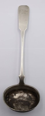 Auktion 360<br>antike Silber-Kelle, 12lötig, Namensgravur und datiert 1872, Altersspuren, 203,8gr., L-34,5cm [1]