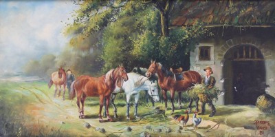 Auktion 360<br>Herrine Lincs '81, vor dem Pferdestall, Öl/Holz, gerahmt, RG 34  x 54,5cm [1]