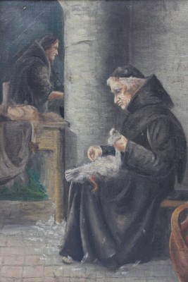Auktion 362<br>unsigniert, Mönch beim Gänse rupfen, Öl/Leinwand, gerahmt, RG 52 x 39,5cm [1]