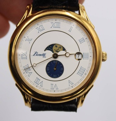Auktion 360<br>Herren-Armbanduhr, Benetti Time, Mondphase, Quarz, Werk nicht geprüft, D-3,7cm [1]