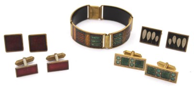 Auktion 360<br>Konvolut Emaille-Schmuck, 60/70er Jahre, 4 Paar Manschettenknöpfe sowie Armband, Armband L-17,5cm [1]