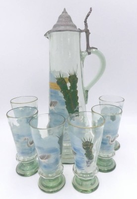 Auktion 360<br>hoher Jugendstil-Krug mit 6 Bechern, Emaille Handmalerei, Zinndeckel, H-39 und 15 cm [1]