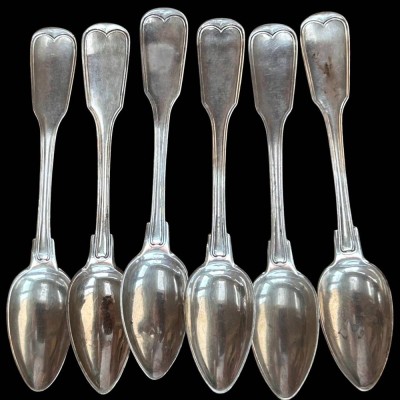 Auktion 360<br>6 Silber Biedermeier-Kaffeelöffel, Monogramm und dat. 1859, Augsburger Faden, lötiges Silber, alle  mit Tremolierstrichen, L-14 cm, 107 gr [1]