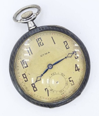 Auktion 360<br>Taschenuhr Cyma, gestreiftes Muster, 800er Silber, defekte Mechanik, 70 g, Sekundenzeiger fehlt, D-4,5cm [1]