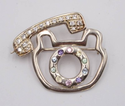 Auktion 360<br>925er Silberbrosche, Telefon, Farbsteinbesatz, 7,1gr., ca. 3 x 3cm [1]