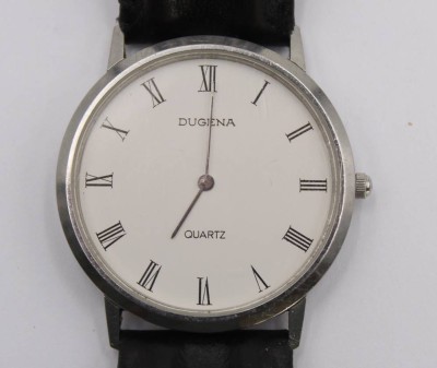 Auktion 360<br>Herren-Armbanduhr, Dugena Quarz, Werk nicht geprüft, Lederband mit starken Gebrauchsspuren, D-3,5cm [1]