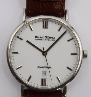 Auktion 360<br>Herren-Armbanduhr, Bruno Söhnle Uhrenatelier Glashütte, Quarz, 3,5cm, Lederband mit Tragespuren [1]