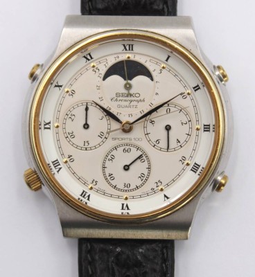 Auktion 360<br>Seiko Quarz mit Mondphase, Datum und Chronograph, gute Erhaltung, Werk nicht geprüft, D-3,9cm [1]