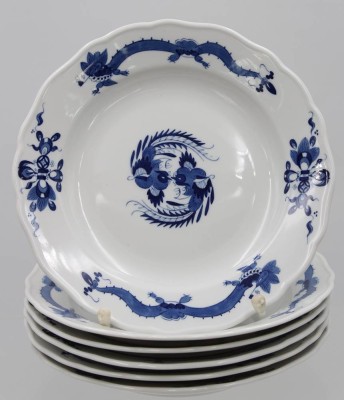 Auktion 360<br>6x Beilagen-Teller, Meißen Schwertermarke, blauer Drache, je 4 Schleifstriche, D-20cm [1]