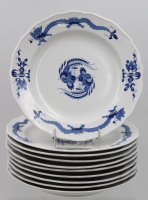 Auktion 360<br>10x flache Speiseteller, Meißen Schwertermarke, blauer Drache, je 4 Schleifstriche, D-25cm [1]