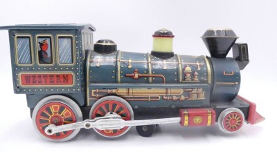 Auktion 360<br>gr. Blech-Westernlok mit Batteriebetrieb,H-14 cm, L-37 cm, Werk läuft [1]