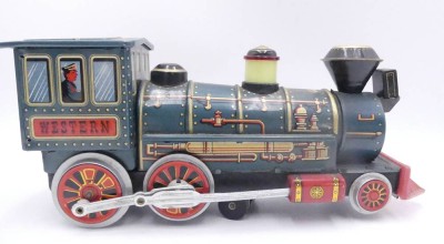 Auktion 360<br>gr. Blech-Westernlok mit Batteriebetrieb,H-14 cm, L-37 cm, Werk läuft [1]