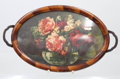 Auktion 360<br>ovales Tablett, älter, Druck hinter Glas, ca. 36,5 x 22cm, Handhaben lose [1]