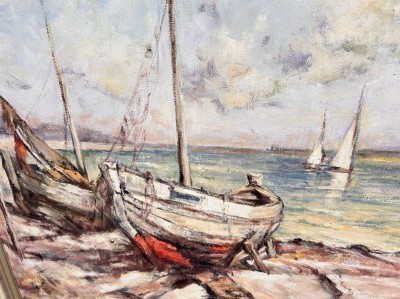 Auktion 360<br>unleserl. sign. grosses Gemälde, Boote am Strand, Öl/Leinen, gerahmt, RG 86x93 cm (Sperrgut, ca. 38 Euro Versand in D) [1]