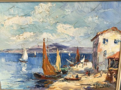 Auktion 360<br>unleserl. sign. südliche Uferlandschaft, Öl/Leinen, gerahmt, RG  45x55 cm [1]