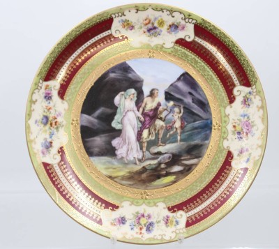 Auktion 360<br>gr. Zierteller, wohl Böhmen um 1900, Orpheus & Eurydike, blaue Bienenkorbmarke, D-30cm [1]