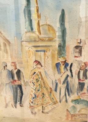 Auktion 360<br>unleserl. signiertes Aquarell, nordafrikanische Stadtszene, dat. 1954, RG  ca. 62x52 cm [1]