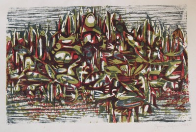 Auktion 360<br>unleserl.signierter Lineolschnitt, ungerahmt, Blatt  lichte Knickstellen, ungerahmt, BG ca. 53,5 x 76cm [1]