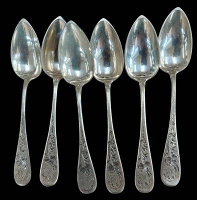 Auktion 360<br>6x Silber-800- Kaffeelöffel, Stielende floraler Dekor, 75 gr., L-13 cm, verso Punktgravur Monogramm AS, um 1900 [1]