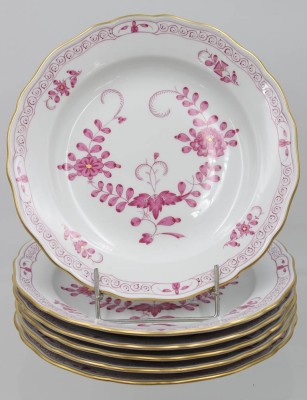 Auktion 361<br>6x Kuchenteller, Meissen, Schwertermarke, indisch Purpur, 2 Schleifstriche, guter Zustand, ca. D-20cm [1]
