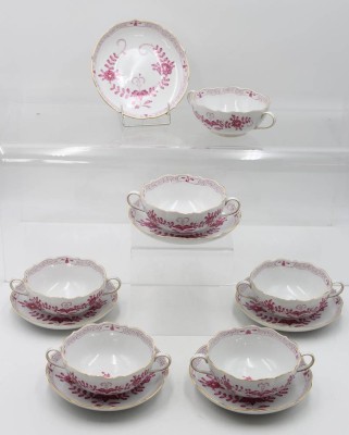 Auktion 361<br>6x Suppentassen mit U.T., Meissen, Schwertermarke, indisch Purpur, 2 Schleifstriche, guter Zustand, Tassen ca. H-5,7cm [1]