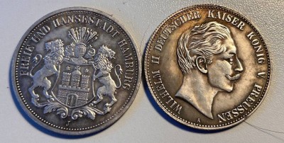 Auktion 361<br>3x alte Münz-Kopien-5 Franken, Helvetia 1850, 5 Mark Preussen 1888, 5 Mark Hamburg 1896, alle kein Silber, 2x als Copy gemarkt [1]