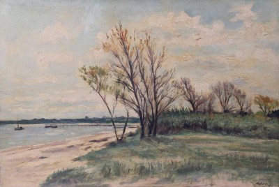 Auktion 361<br>Matern, Uferlandschaft, Öl/Hartfaser, gerahmt, RG 51,5 x 71,5cm, Rahmen beschädigt [1]