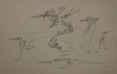 Auktion 361<br>Jan Tom VAN DEN BERGEN (1938-2008), abstrakte Vögel, wohl Litho, ungerahmt, dat. 1975, BG ca. 49 x 70cm, Blatt mit kl. Läsuren [1]