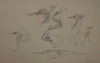 Auktion 361<br>Jan Tom VAN DEN BERGEN (1938-2008), abstrakte Vögel, wohl Litho, ungerahmt, dat. 1975, BG ca. 49 x 70cm, Blatt mit kl. Läsuren [1]